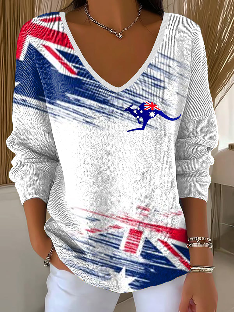Women's Australian Flag Print Casual  V-Neck Ribbed Top