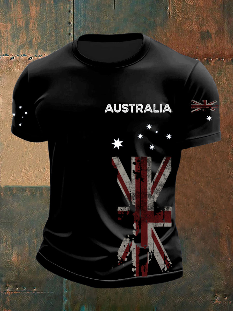 Vintage Australian Flag Badge Print Casual Cotton Short Sleeve T-Shirt