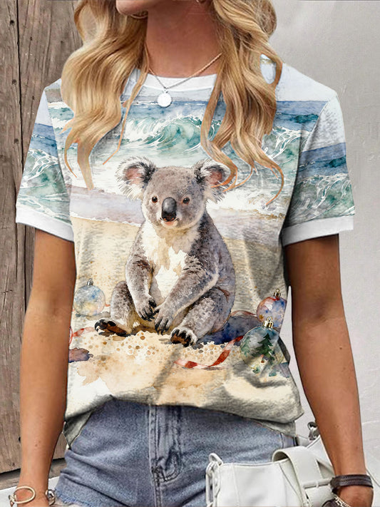 Women's Christmas Funny Koala Art Printed T-shirt