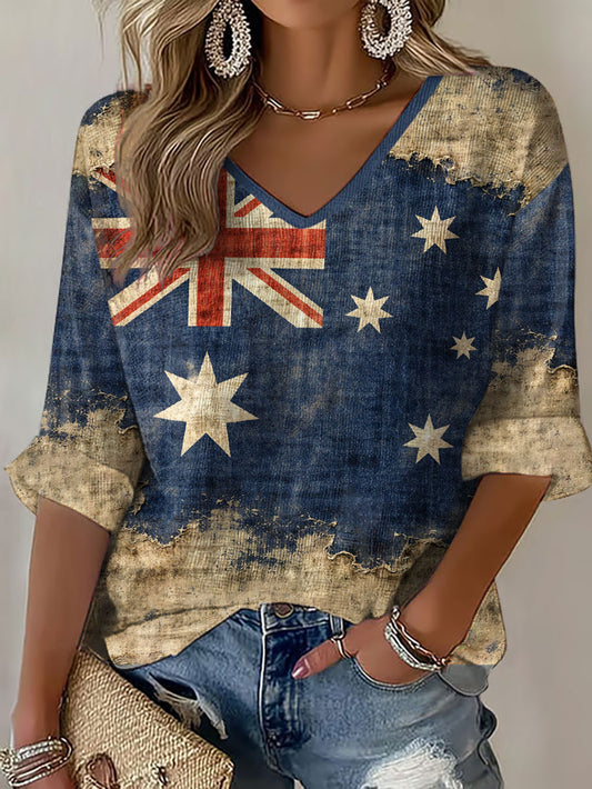 Women's AU Falag Australia Day Art Printed Waffle Tops