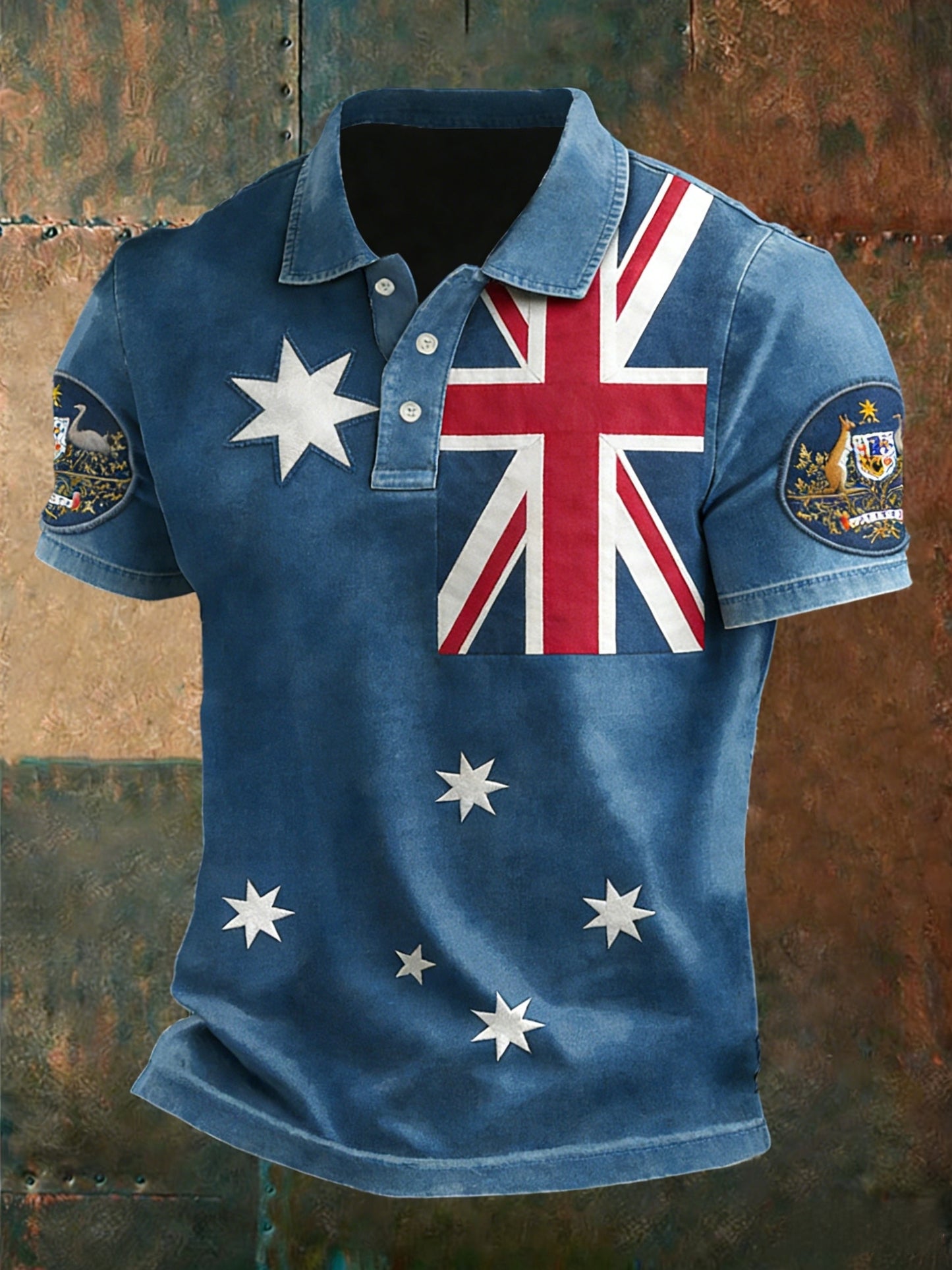 Vintage Australian Flag Badge Denim Art Print Casual Cotton Short Sleeve Polo Shirt