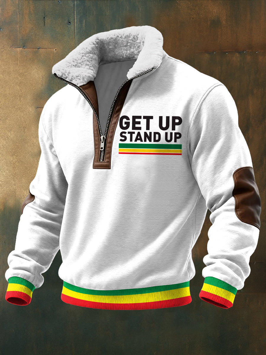 Men's Reggae Printed Long Sleeved Stand Up Collar Lambhair Zipper Top