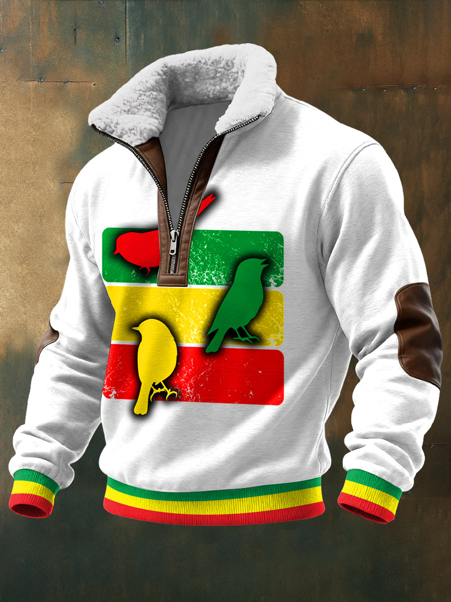 Men's Reggae Printed Long Sleeved Stand Up Collar Lambhair Zipper Top