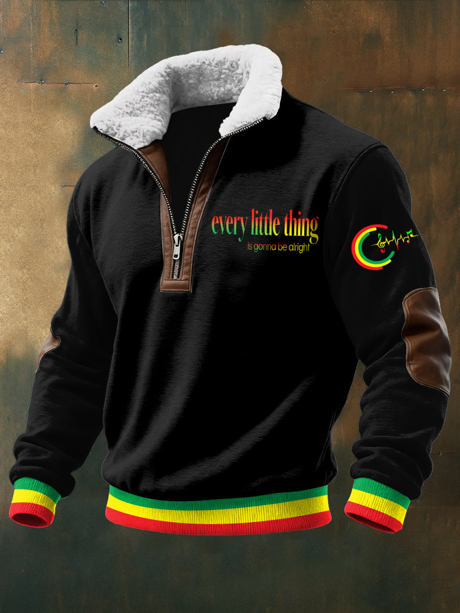Men's Reggae Printed Long Sleeved Stand Up Collar Lambhair Zipper Top