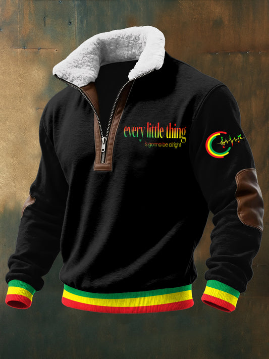 Men's Reggae Printed Long Sleeved Stand Up Collar Lambhair Zipper Top