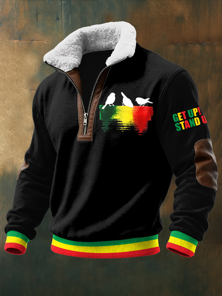 Men's Reggae Printed Long Sleeved Stand Up Collar Lambhair Zipper Top