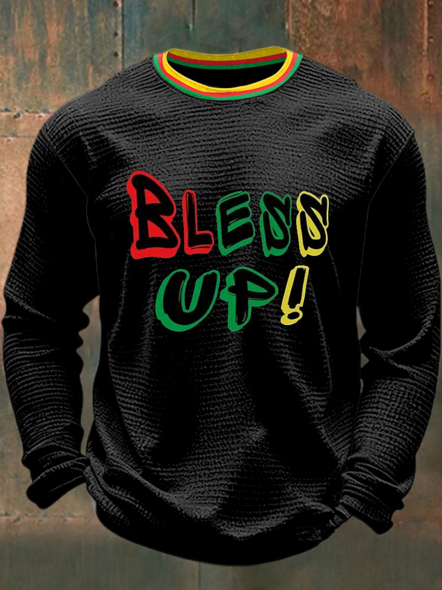 Men's Reggae Printed Waffle Long Sleeved Round Neck Sweatshirt