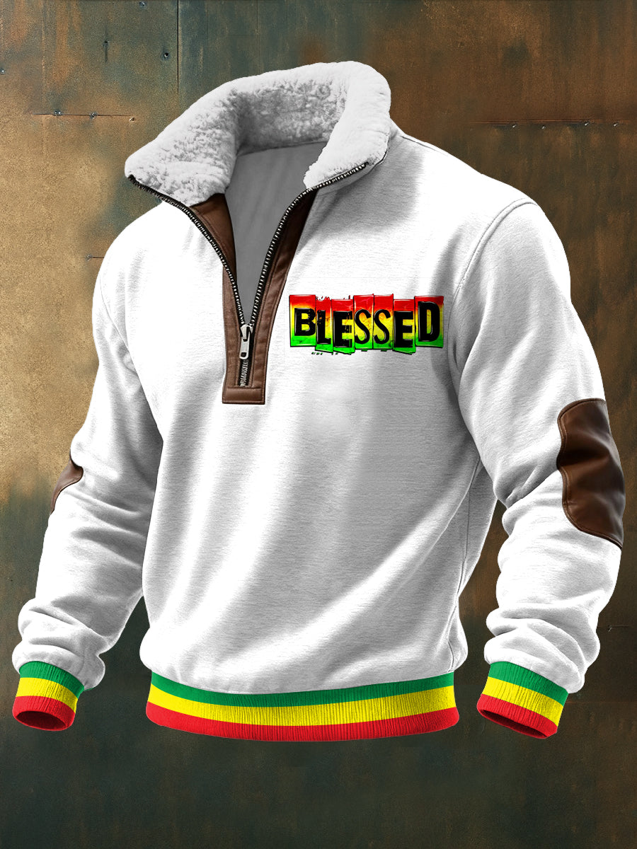 Men's Reggae Printed Long Sleeved Stand Up Collar Lambhair Zipper Top