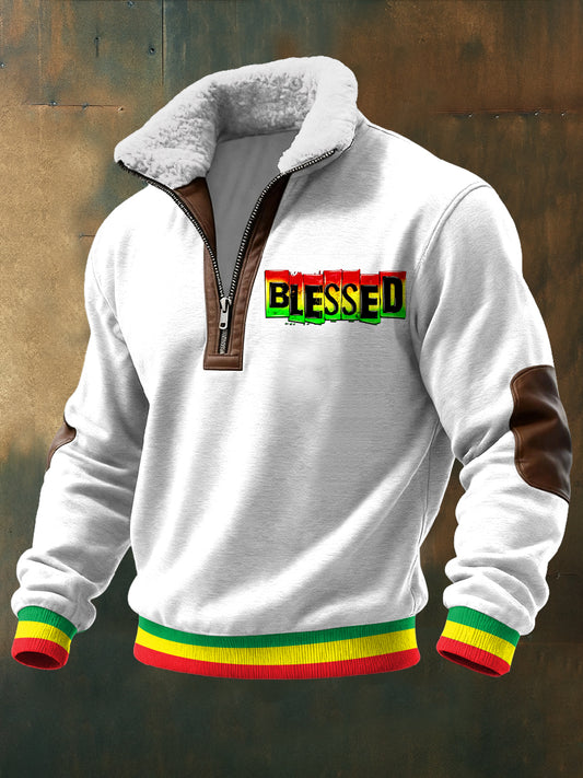 Men's Reggae Printed Long Sleeved Stand Up Collar Lambhair Zipper Top