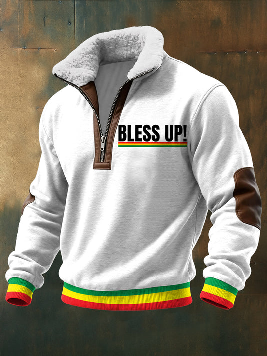 Men's Reggae Printed Long Sleeved Stand Up Collar Lambhair Zipper Top