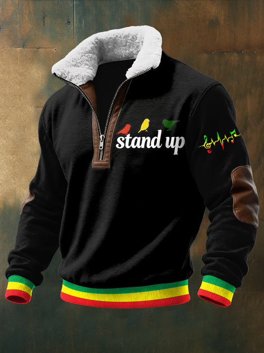 Men's Reggae Printed Long Sleeved Stand Up Collar Lambhair Zipper Top