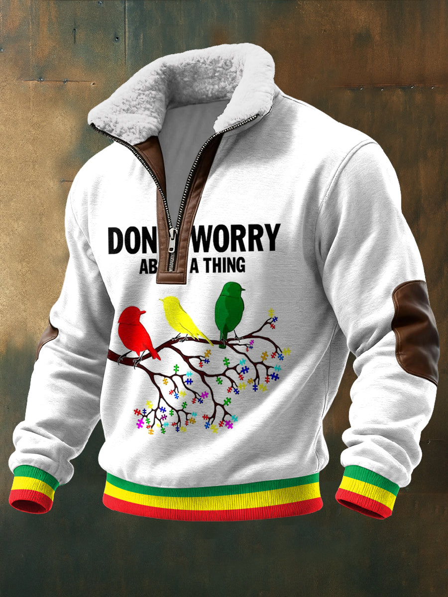 Men's Reggae Printed Long Sleeved Stand Up Collar Lambhair Zipper Top