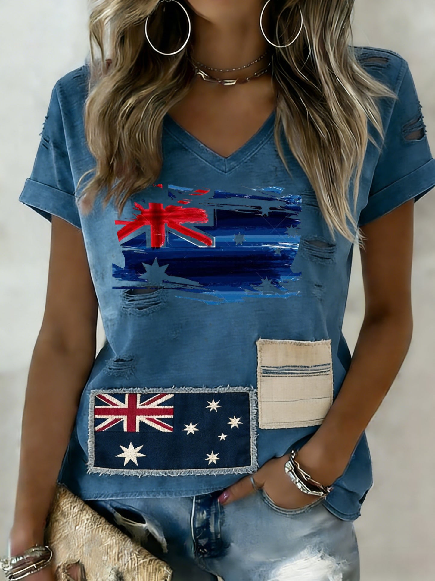 Women's Retro Happy Australia Day Flag Badge Print Casual Short-Sleeved V-Neck T-Shirt