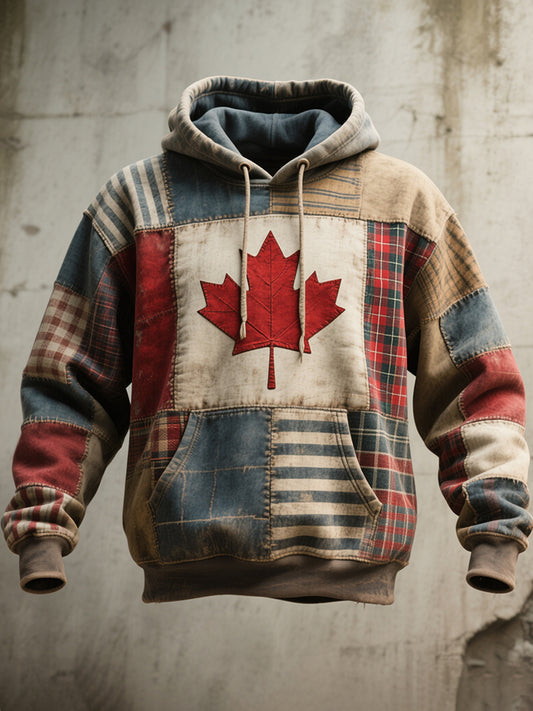 Men's Canadian Flag Inspired Patchwork Art Vintage Washed Hoodie