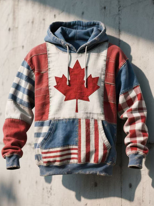 Men's Canadian Flag Inspired Patchwork Art Hoodie