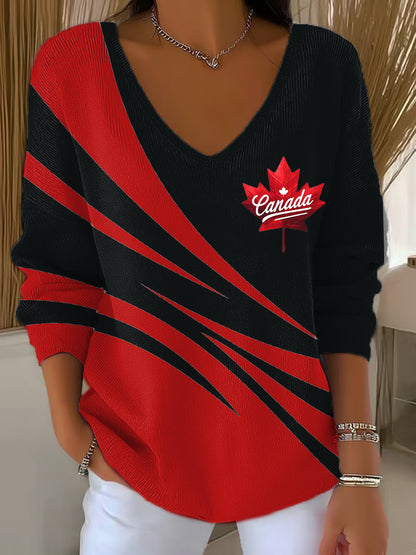 Women's Canadian Maple Leaf Print Casual V-Neck Long Sleeve Top