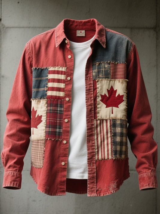Men's Canadian Flag Inspired Maple Leaf Pattern Patchwork Art Shirt