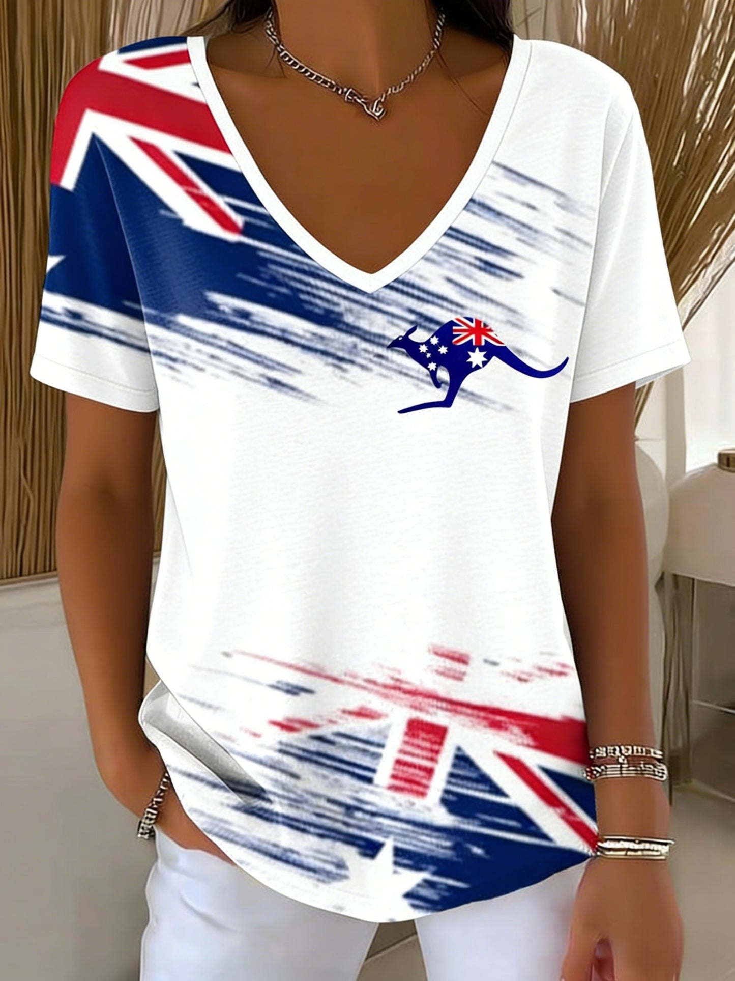 Women's Retro Happy Australia Day Flag Badge Print Casual Short-Sleeved V-Neck T-Shirt