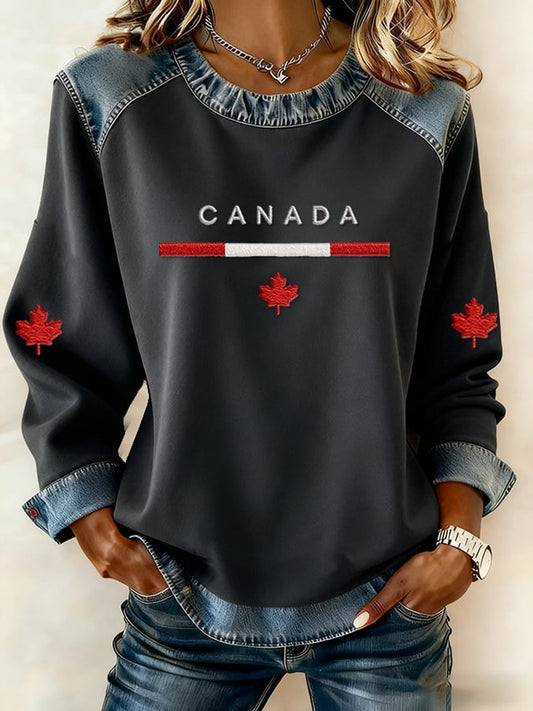 Women's Casual Canadian Maple Leaf Fleece-Lined Color-Blocked Sweatshirt