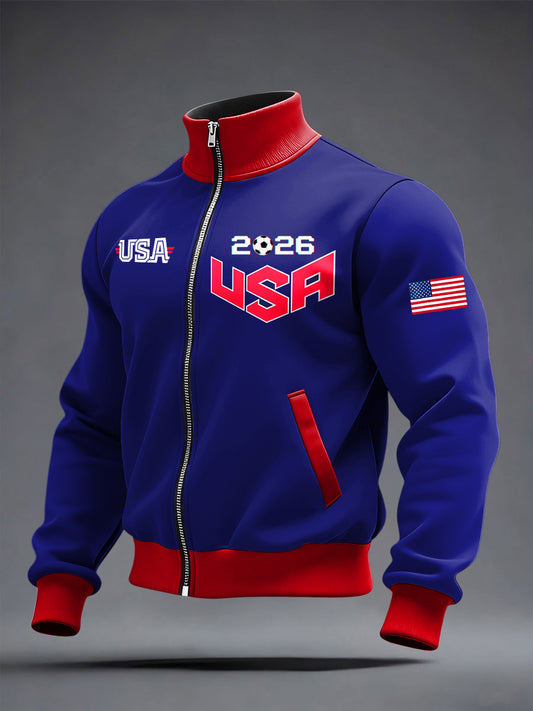 Men's World Cup US Printed long Sleeved Zipper Stand Up Collar Jacket