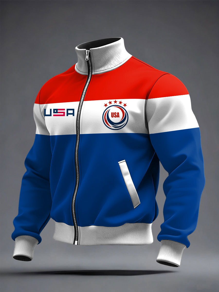 Men's World Cup US Printed long Sleeved Zipper Stand Up Collar Jacket