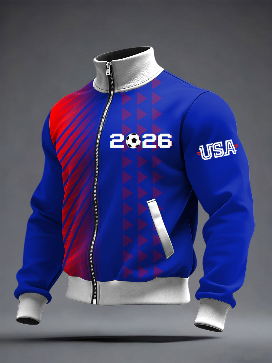 Men's World Cup US Printed long Sleeved Zipper Stand Up Collar Jacket