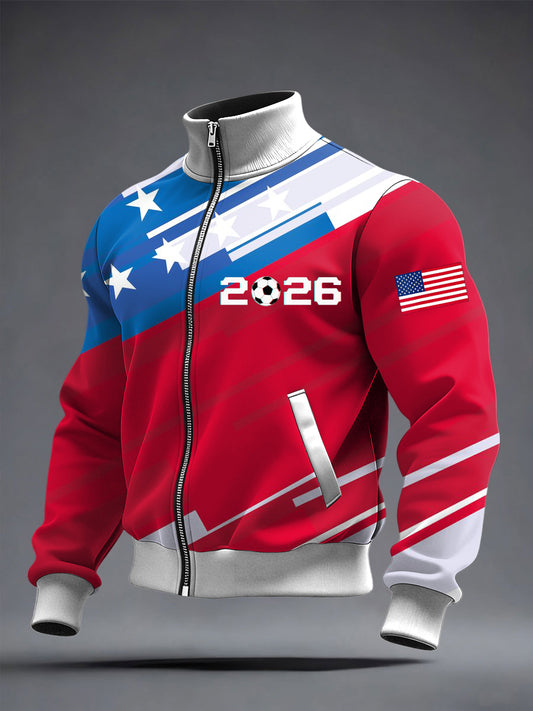 Men's World Cup US Printed long Sleeved Zipper Stand Up Collar Jacket