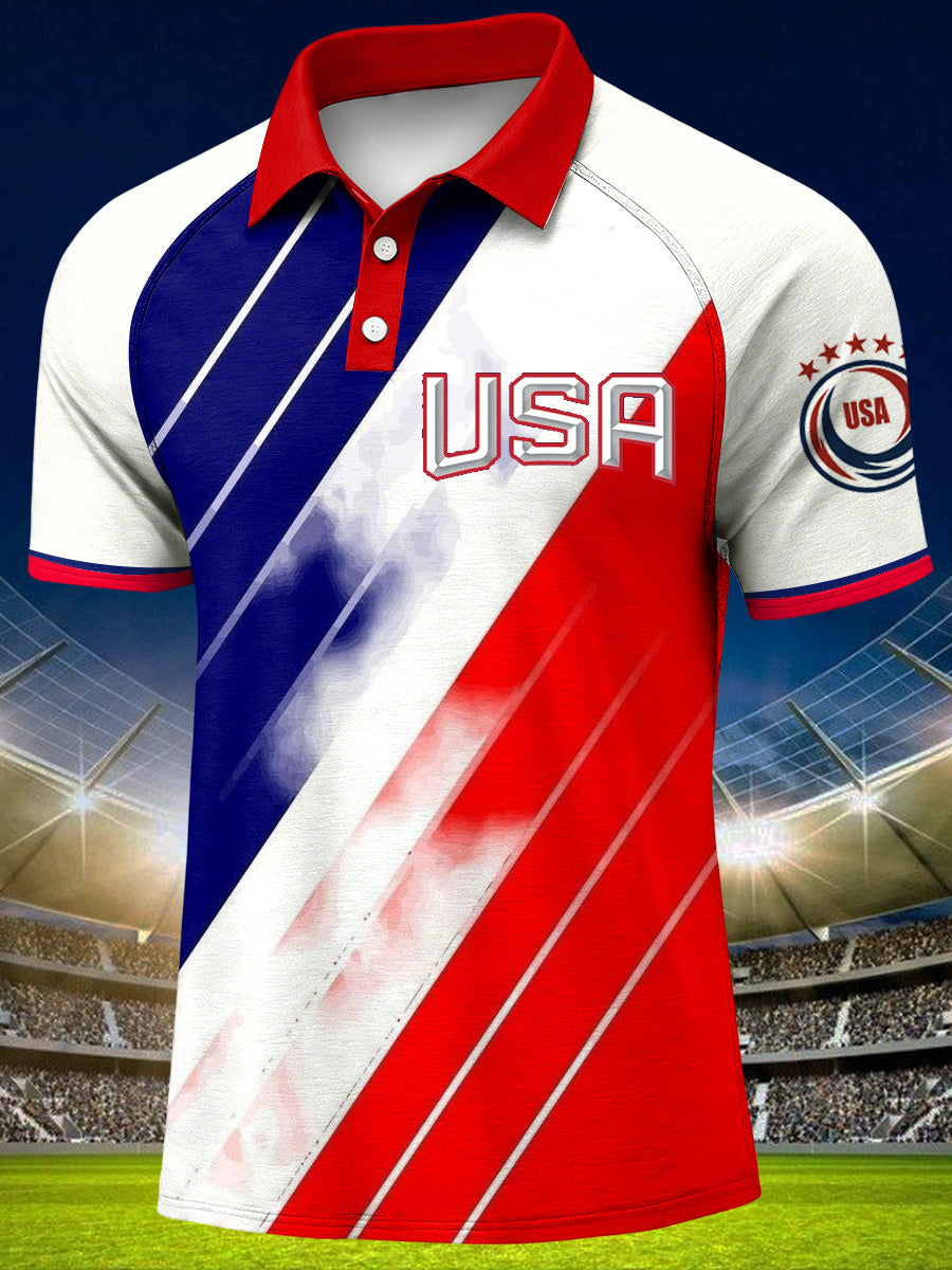 Men's World Cup USA Print Raglan Sleeve Polo Collar Casual Short Sleeved Shirt