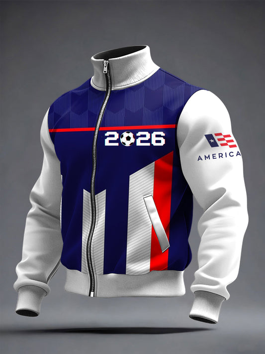 Men's World Cup US Printed long Sleeved Zipper Stand Up Collar Jacket