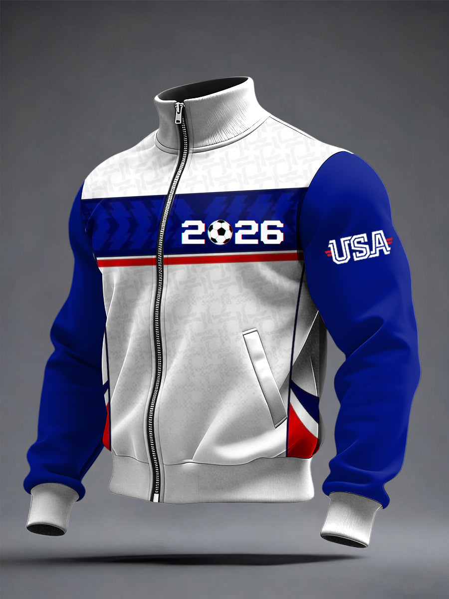 Men's World Cup US Printed long Sleeved Zipper Stand Up Collar Jacket