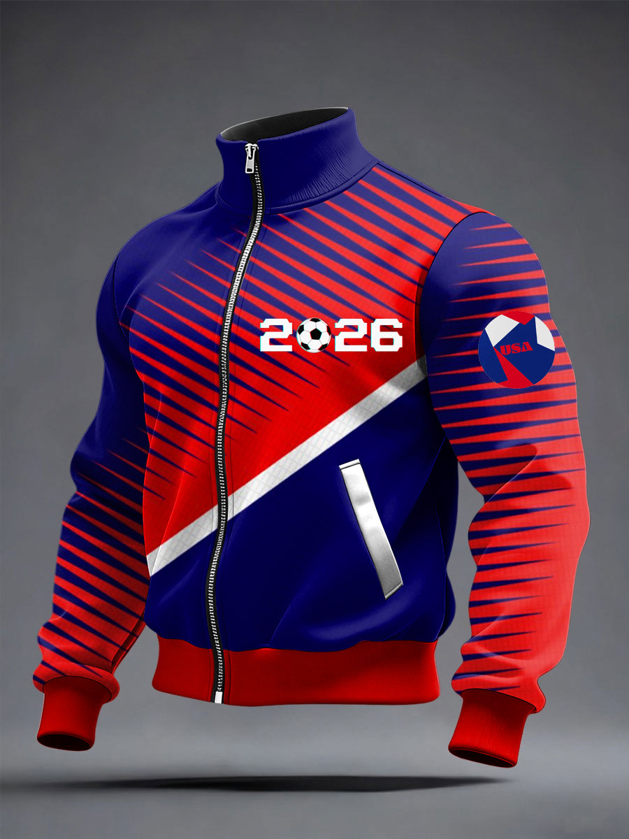 Men's World Cup US Printed long Sleeved Zipper Stand Up Collar Jacket