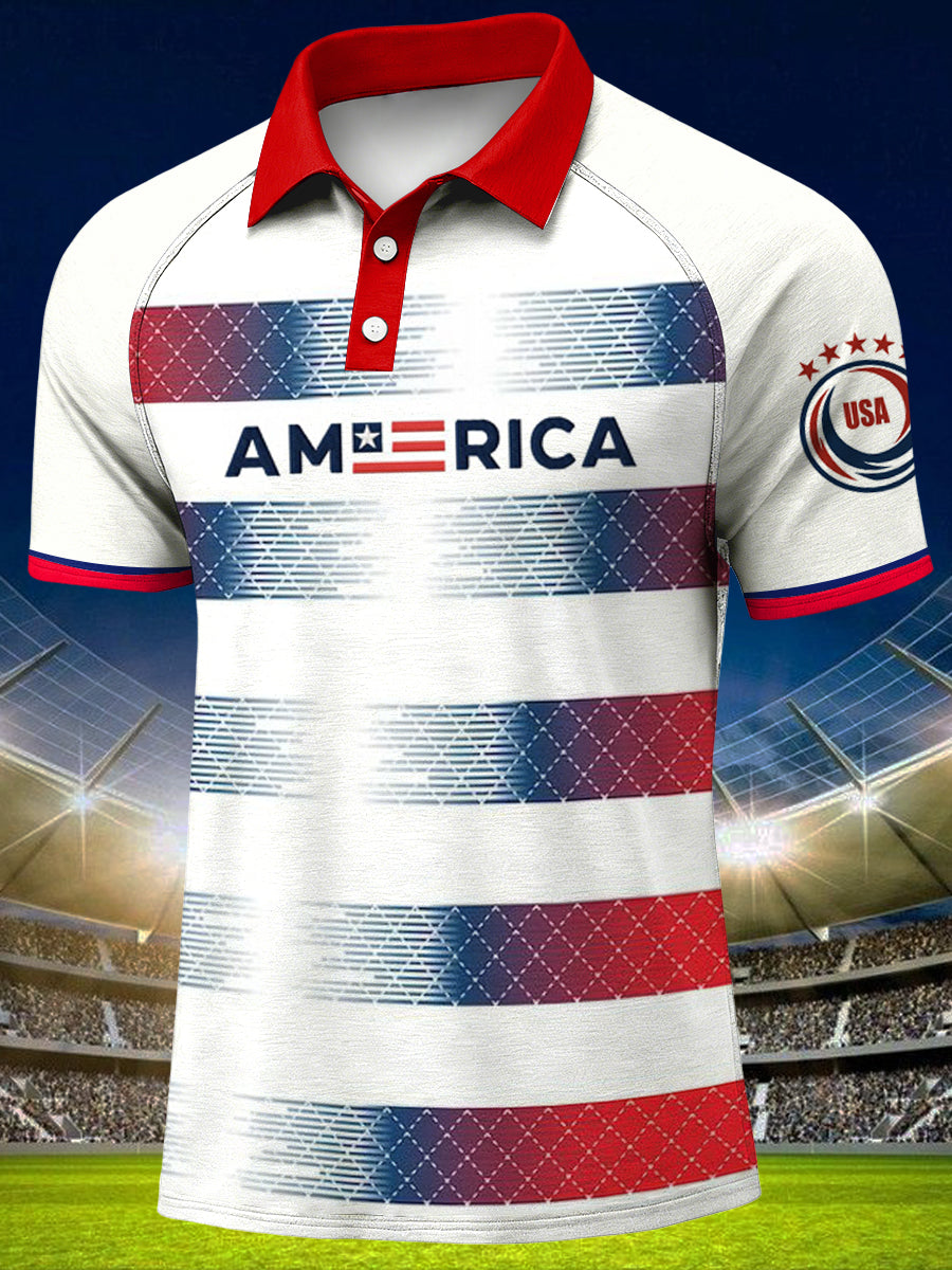 Men's World Cup USA Print Raglan Sleeve Polo Collar Casual Short Sleeved Shirt