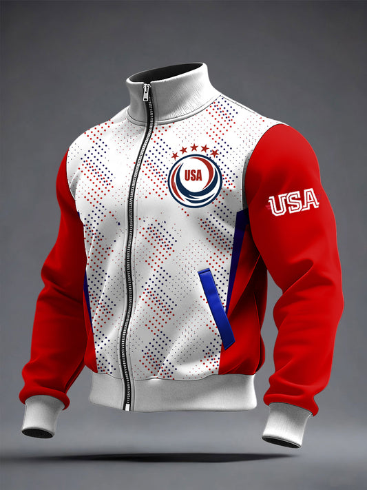 Men's World Cup US Printed long Sleeved Zipper Stand Up Collar Jacket