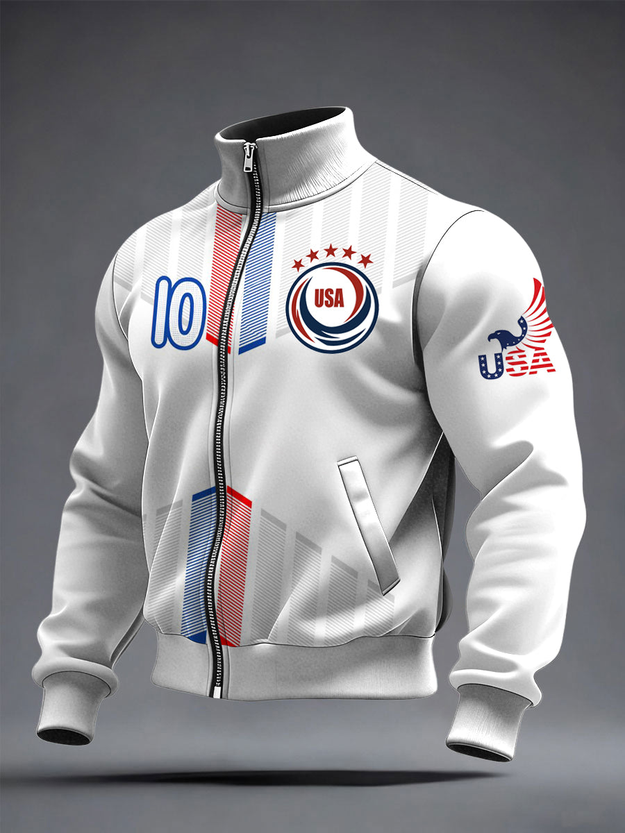 Men's World Cup US Printed long Sleeved Zipper Stand Up Collar Jacket