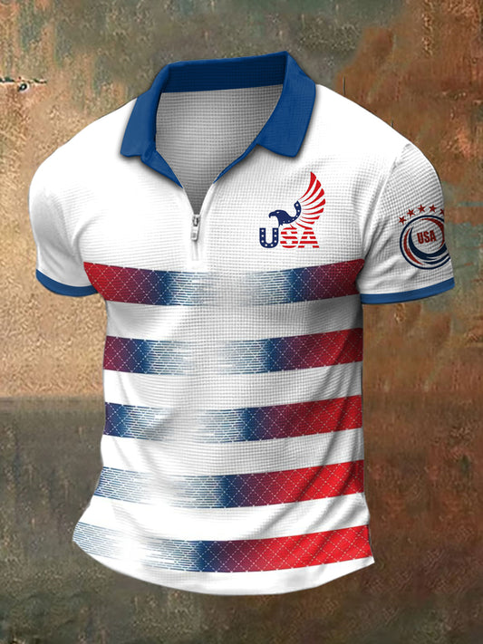Men's World Cup USA Print  Polo Collar Casual Short Sleeved Waffle Shirt