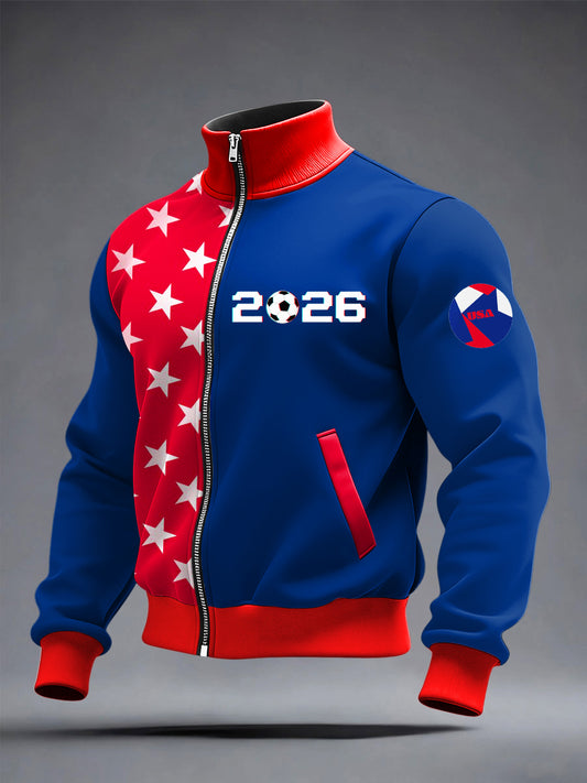 Men's World Cup US Printed long Sleeved Zipper Stand Up Collar Jacket