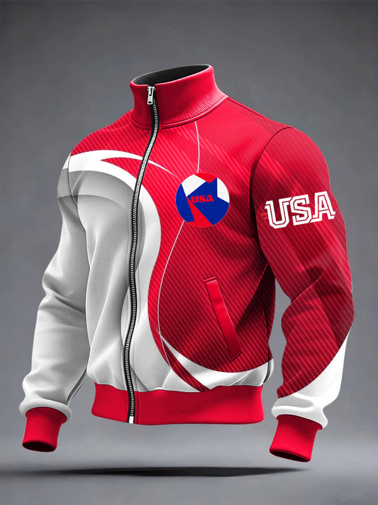 Men's World Cup US Printed long Sleeved Zipper Stand Up Collar Jacket