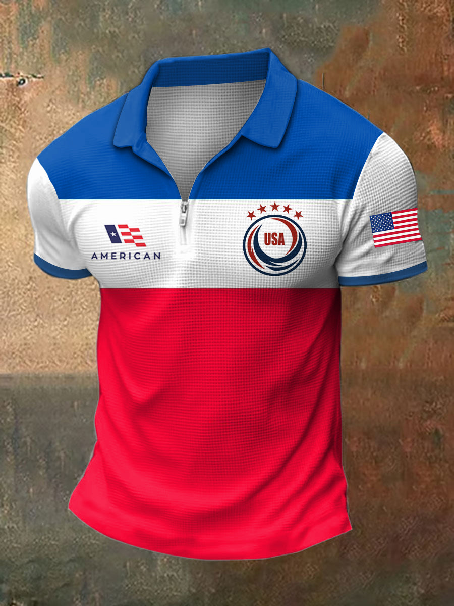 Men's World Cup USA Print  Polo Collar Casual Short Sleeved Waffle Shirt