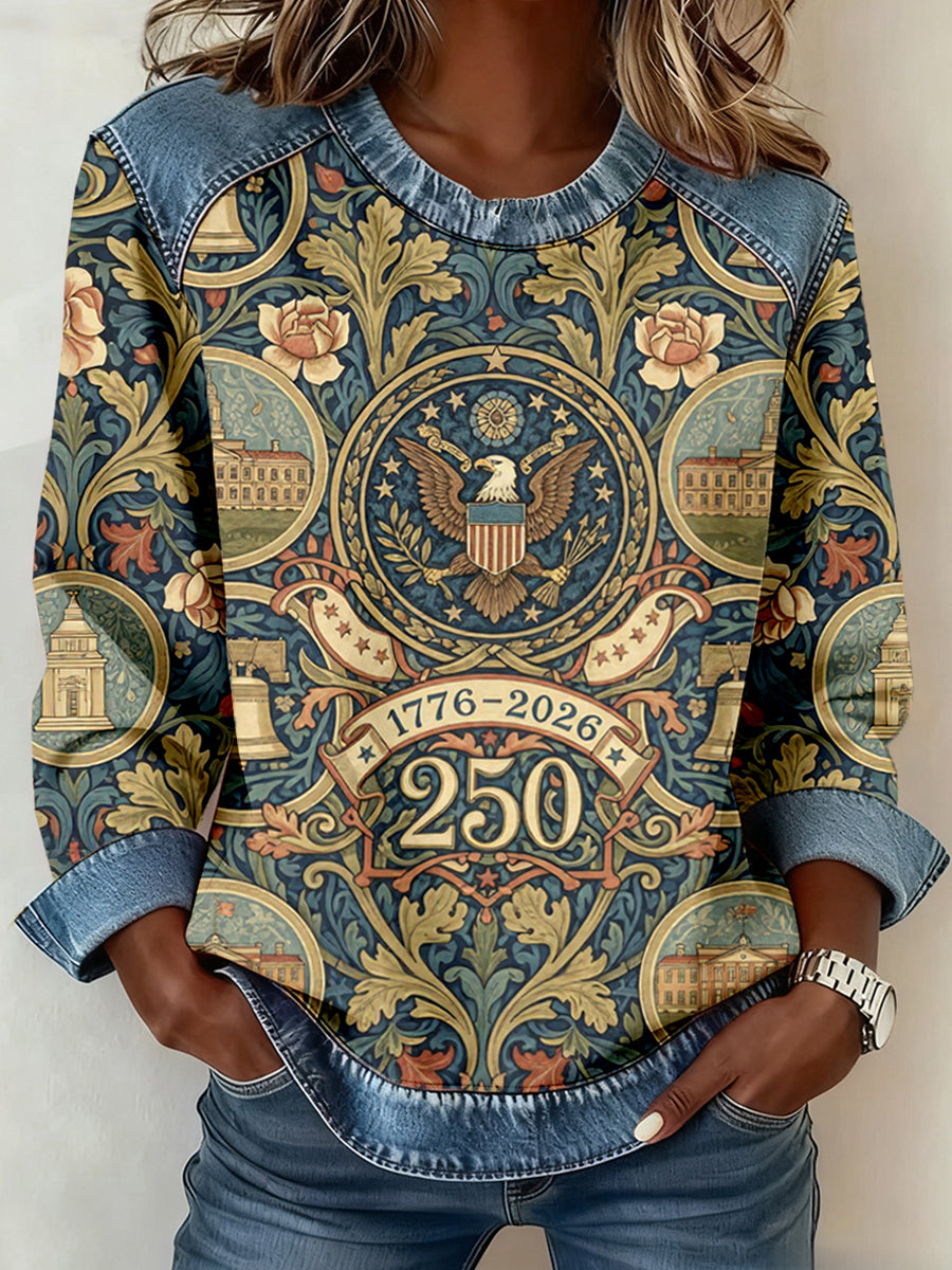 Women's 250th Anniversary Floral Print Denim Patchwork Sweatshirt