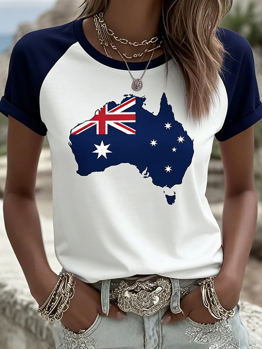 Women's Vintage Happy Australia Day Flag Badge Casual Print Short-Sleeve T-Shirt