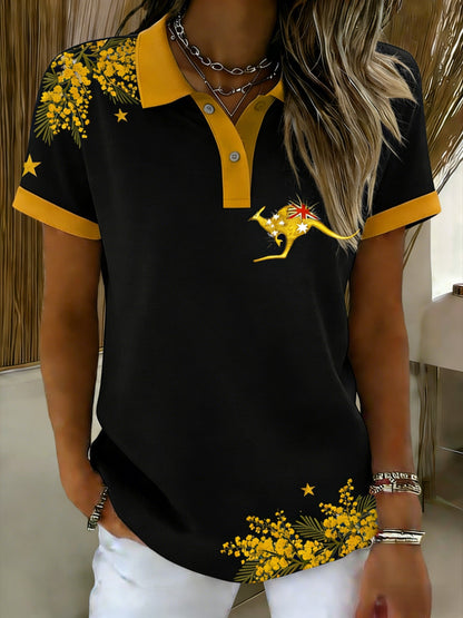 Women's Vintage Happy Australia Day Flag Badge Casual Print Short-Sleeve Polo Shirt