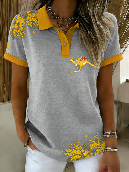 Women's Vintage Happy Australia Day Flag Badge Casual Print Short-Sleeve Polo Shirt