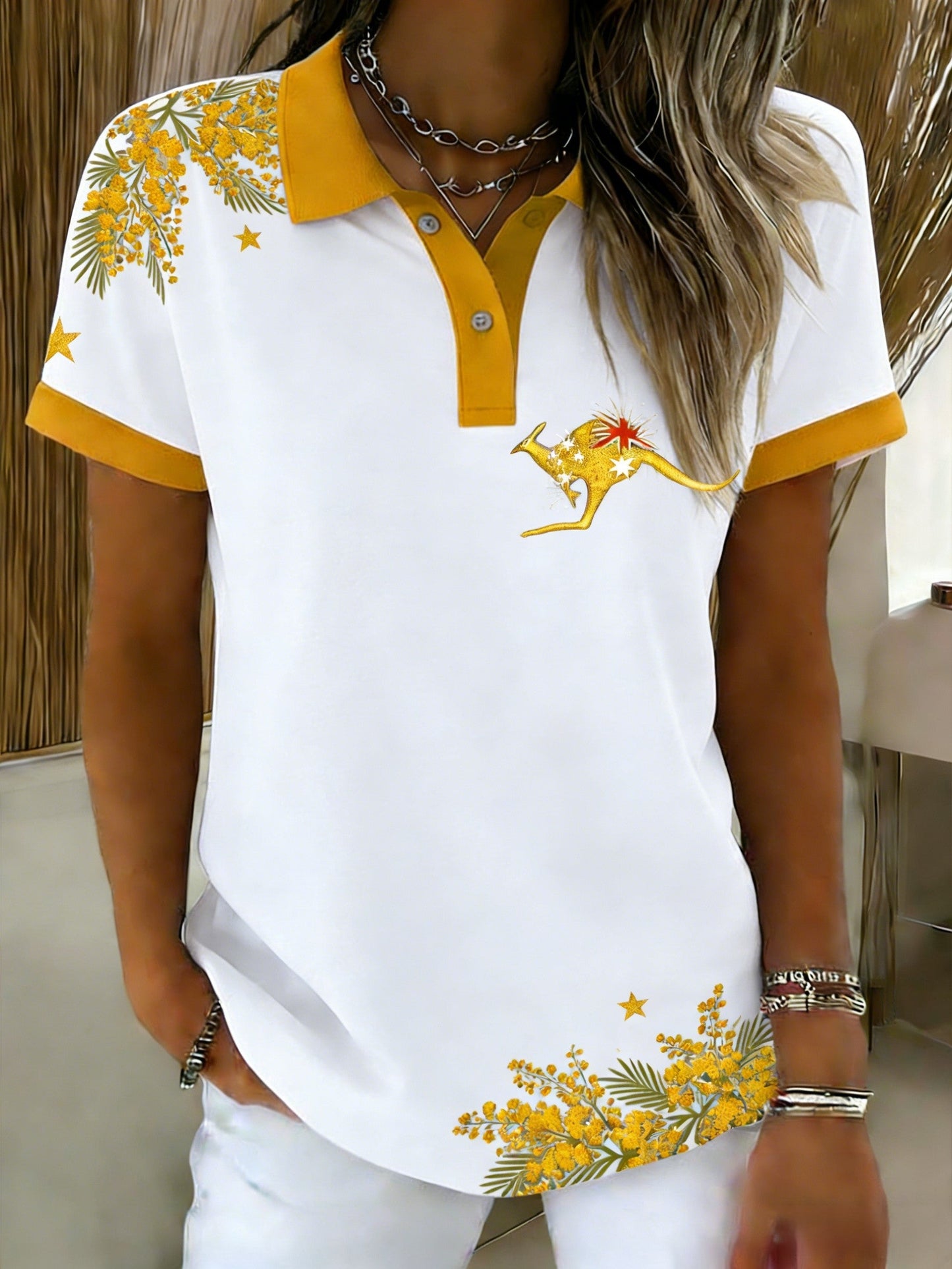 Women's Vintage Happy Australia Day Flag Badge Casual Print Short-Sleeve Polo Shirt