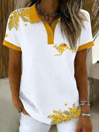 Women's Vintage Happy Australia Day Flag Badge Casual Print Short-Sleeve Polo Shirt