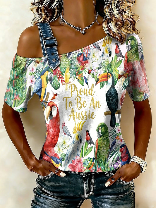 Women's Vintage Aussie Cute Pink Cockatoo Casual Comfortable Off-the-Shoulder Short Sleeve T-Shirt