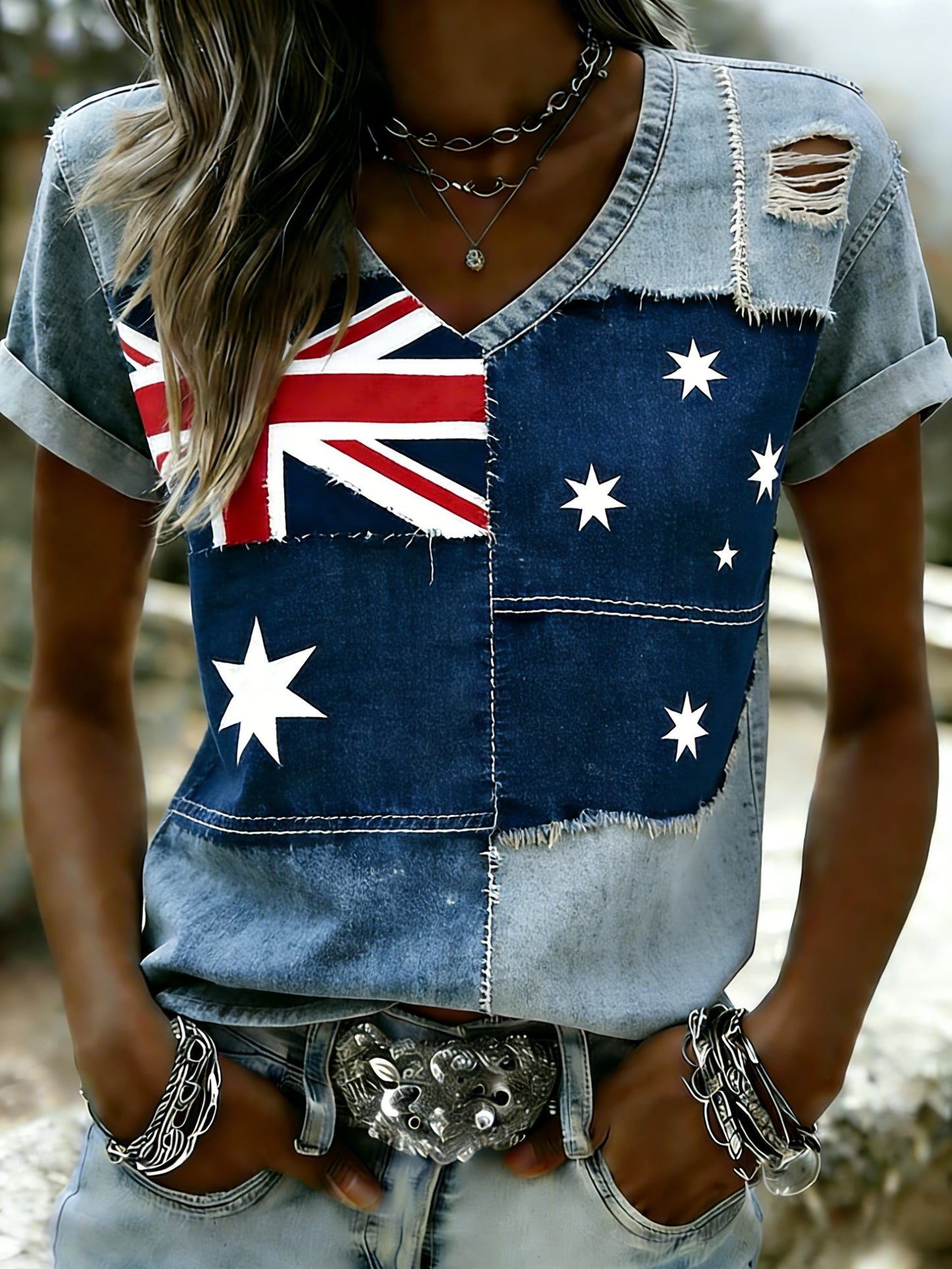 Women's Vintage Australian Holiday Casual V-neck  Short Sleeve T-Shirt