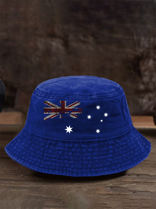 Vintage Australian Flag Badge Casual Print Washed Fisherman's Hat