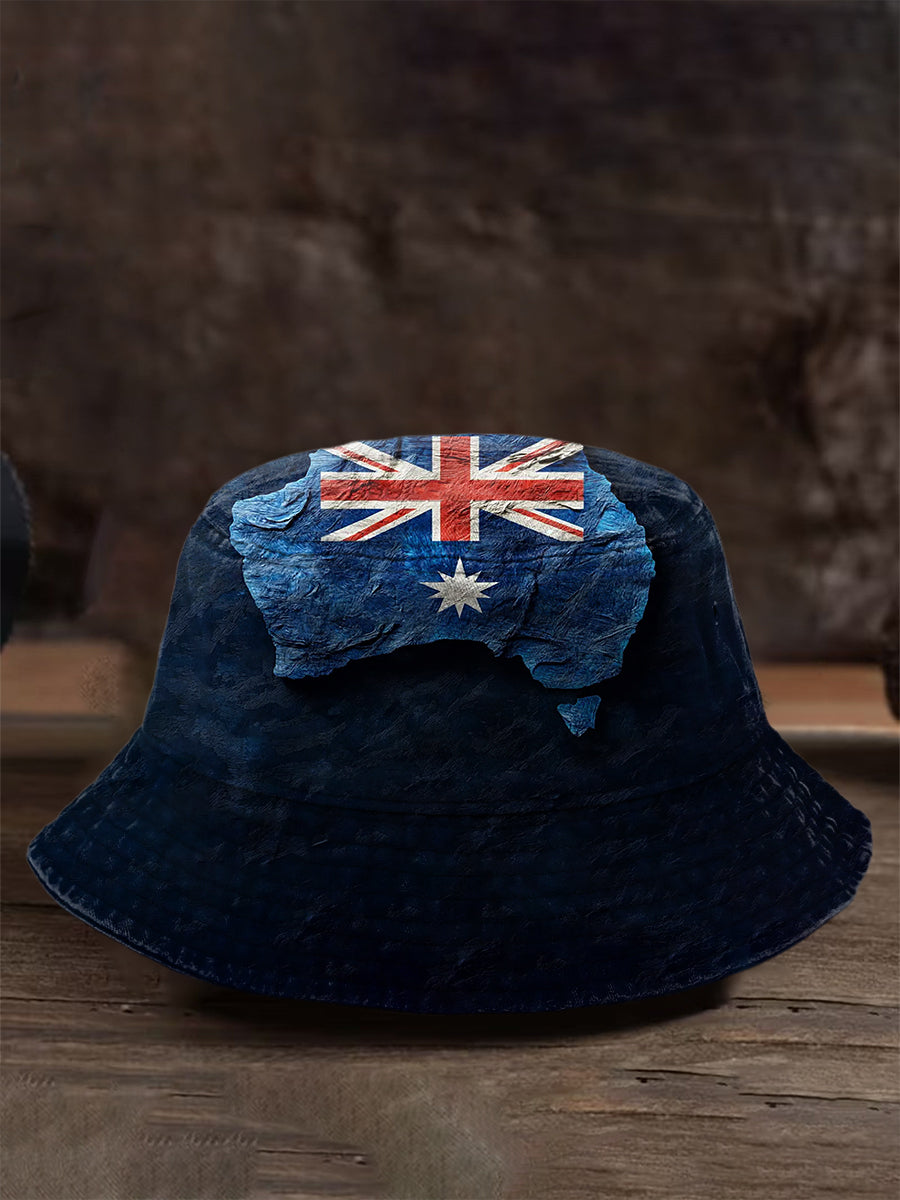 Vintage Australian Flag Badge Casual Print Washed Fisherman's Hat