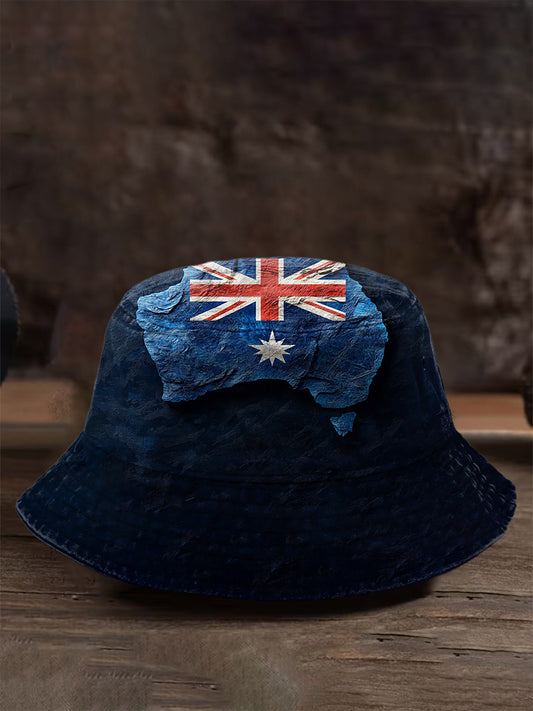 Vintage Australian Flag Badge Casual Print Washed Fisherman's Hat