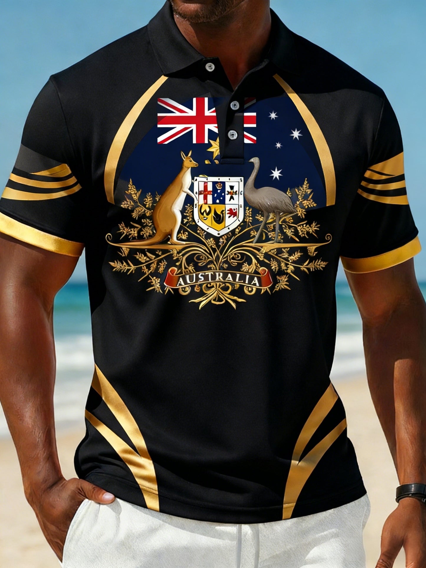 Men's  Vintage Australian Flag Badge Printed Casual Cotton Short Sleeve Polo Shirt